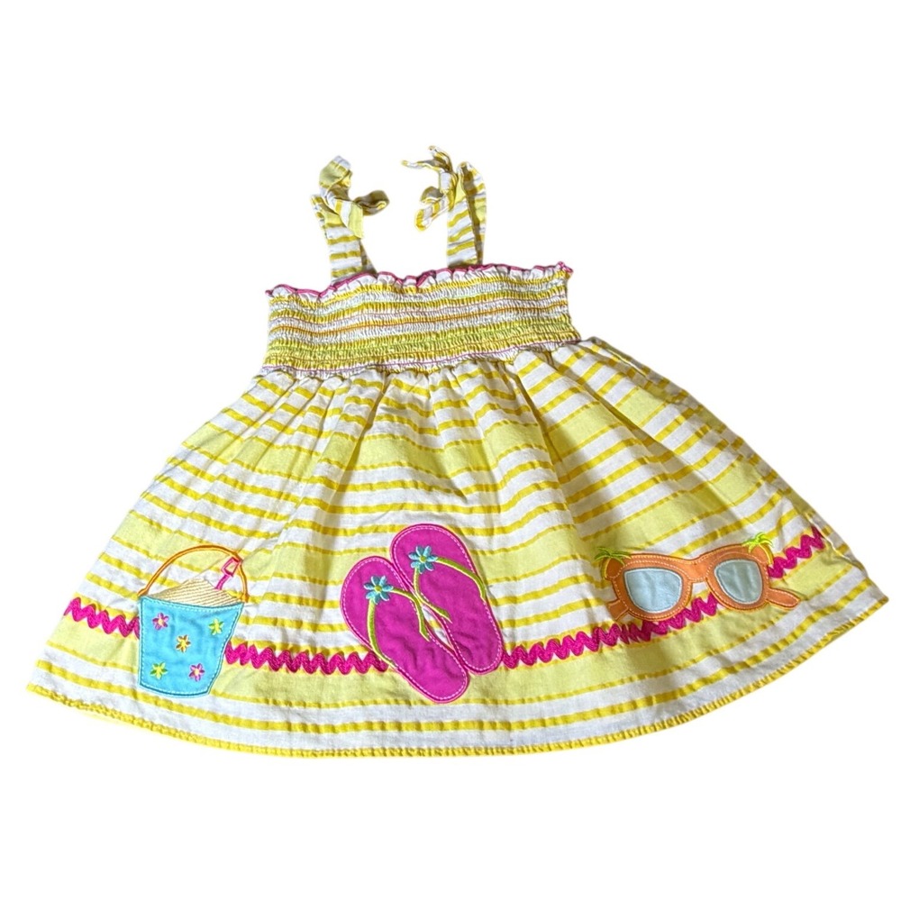 Good Lad Girls 4T Yellow Striped Seersucker Beach Applique Smocked Sun Dress